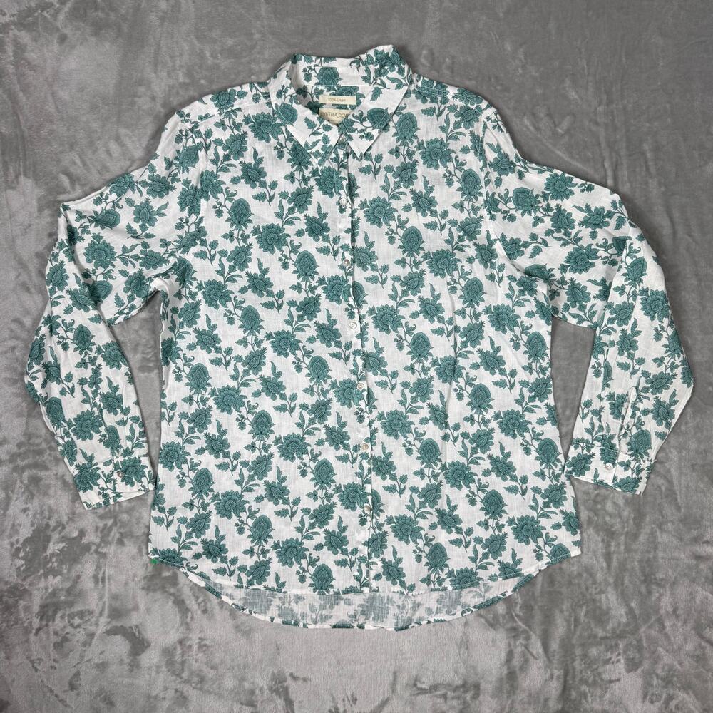 Cynthia Rowley Button up Shirt Size XL Floral Printed‎ Roll Tab 100% Linen NWOT